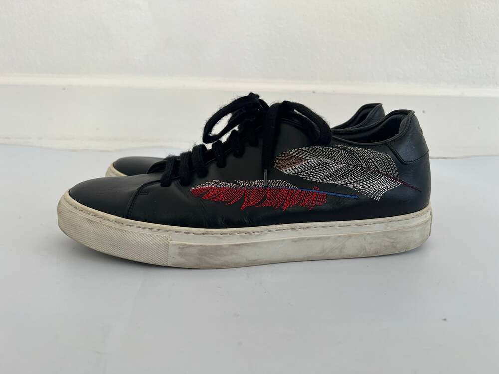 Paul Smith Basso Black Feather Print Sneakers Mens 9 Embroidered AS IS